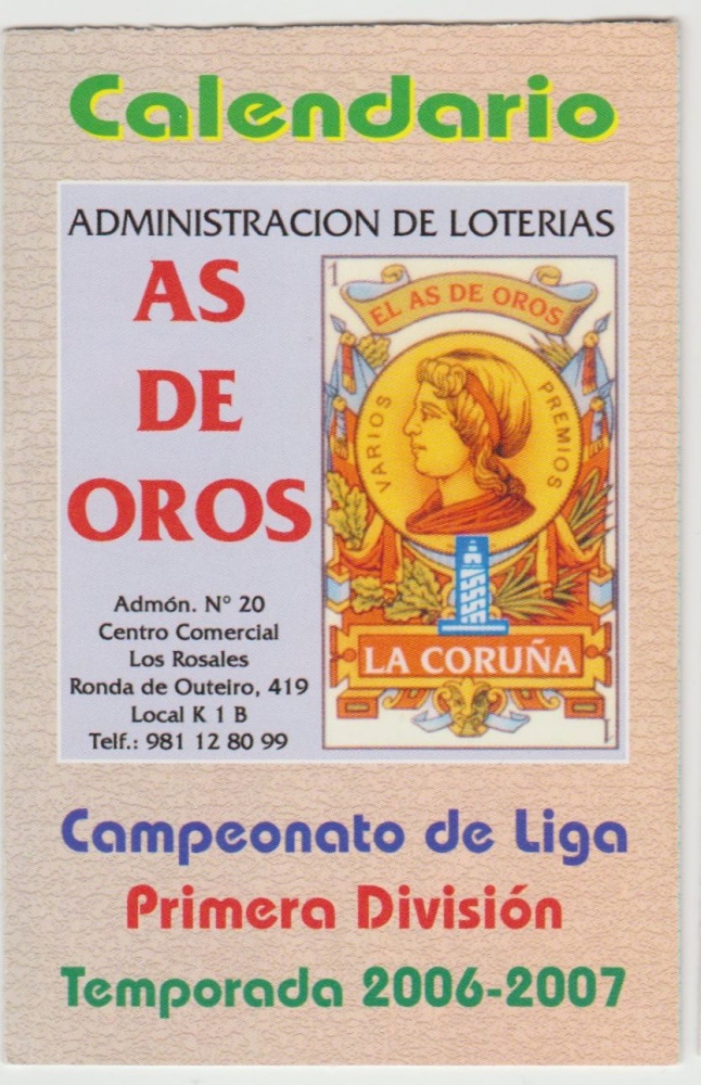 Calendario Bolsillo Partidos Campeonato Liga 2006-07 As de Oros Pocket Calendar Kalender Calendrier Kalendar 